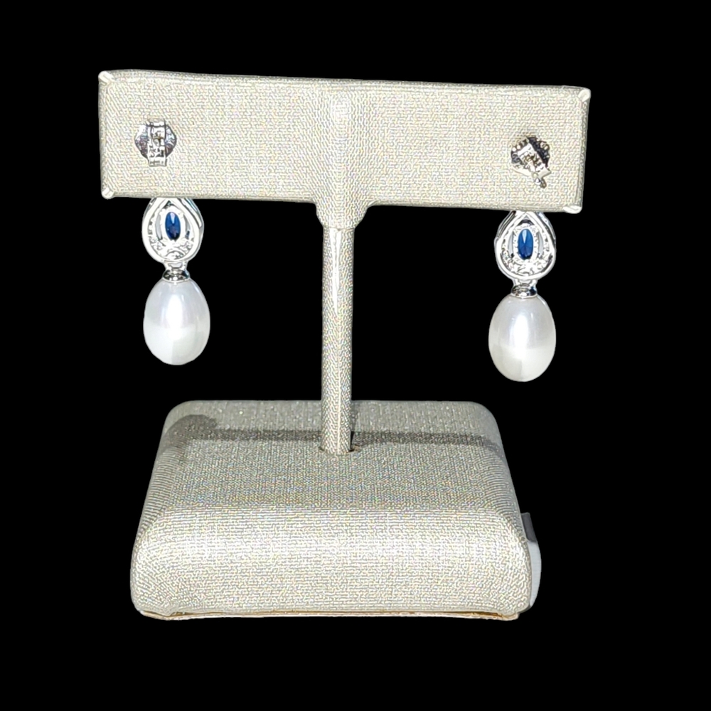 925S Blue Gemstones Stud Earrings With Cultured Freshwater Pearl and Zirconia - Picture 6 of 16